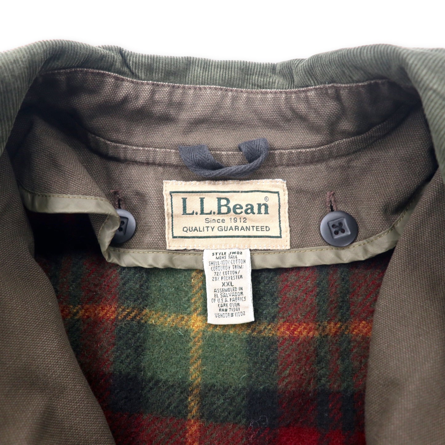 L.L.Bean ハンティングジャケット カバーオール XXL カーキ コットン ブランケットライナー着脱式 襟コーデュロイ ビッグサイズ JW02