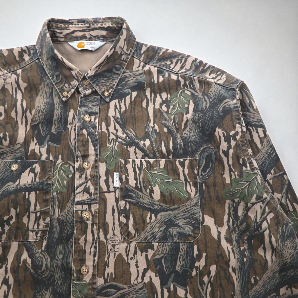 Carhartt 90s Tree Camo Button-Down Work Shirt, Size XL, Khaki, Mossy Oak Camo, Rugged Outdoor Wear