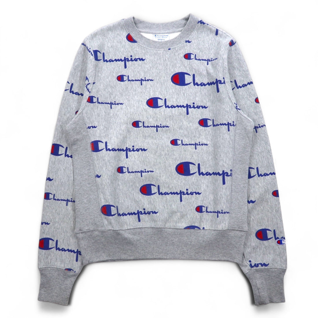 Champion Reverse Weave Sweatshirt L Grey All-over Script Logo Blue Single Tag Reissue