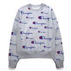 Champion Reverse Weave Sweatshirt L Grey All-over Script Logo Blue Single Tag Reissue