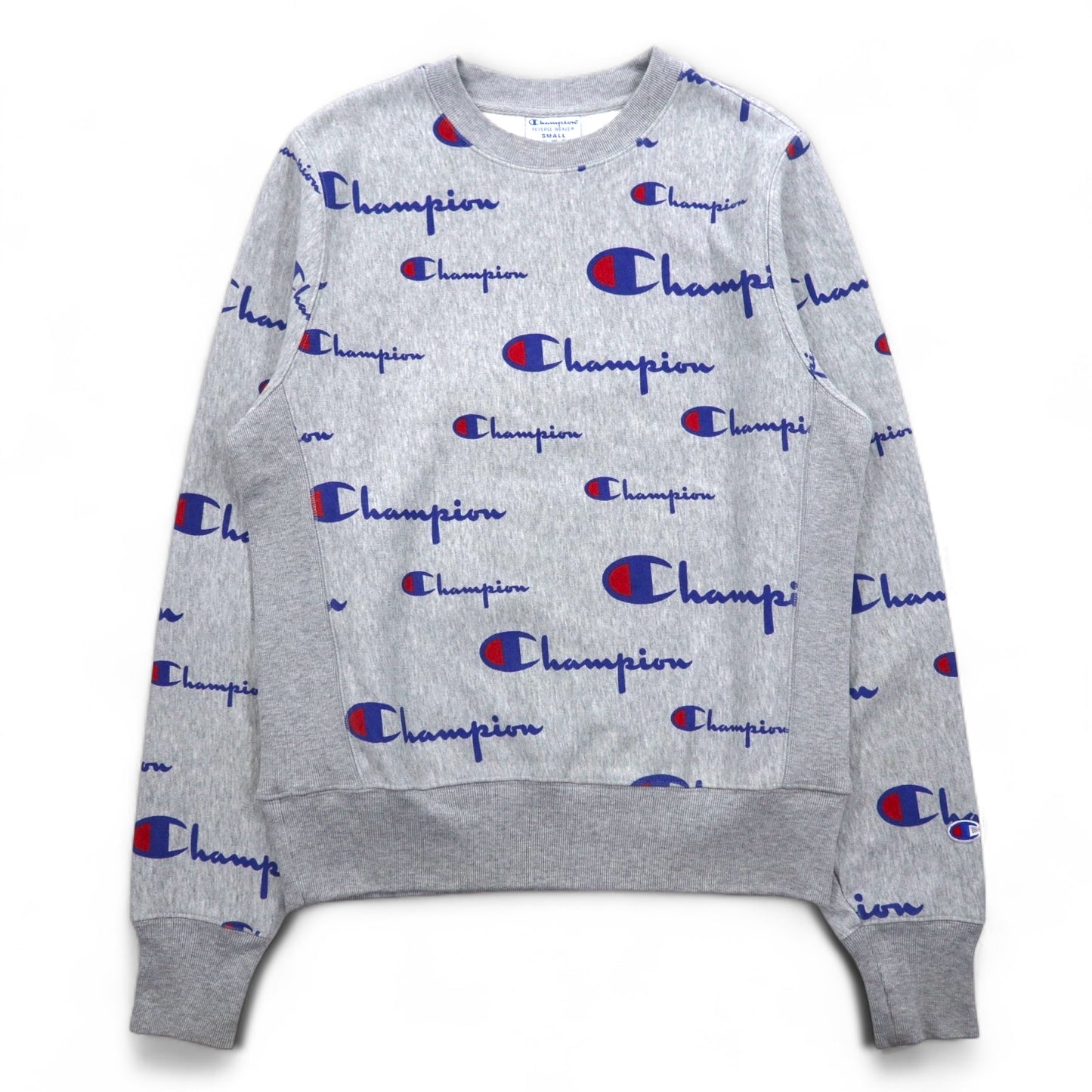 Champion リバースウィーブ REVERSE WEAVE スウェット L グレー 総柄 スクリプトロゴ 青単タグ 復刻