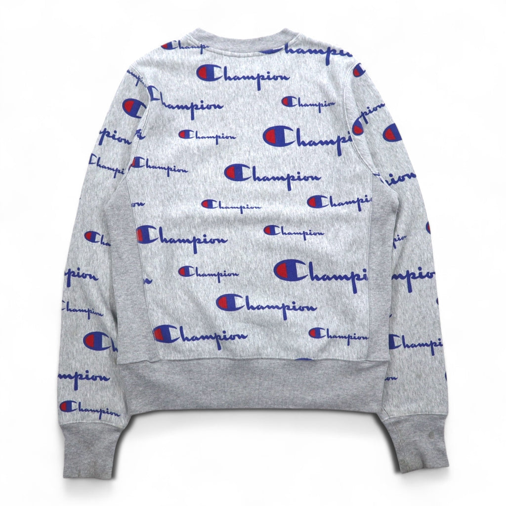 Champion Reverse Weave Sweatshirt L Grey All-over Script Logo Blue Single Tag Reissue