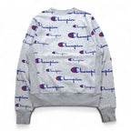 Champion Reverse Weave Sweatshirt L Grey All-over Script Logo Blue Single Tag Reissue