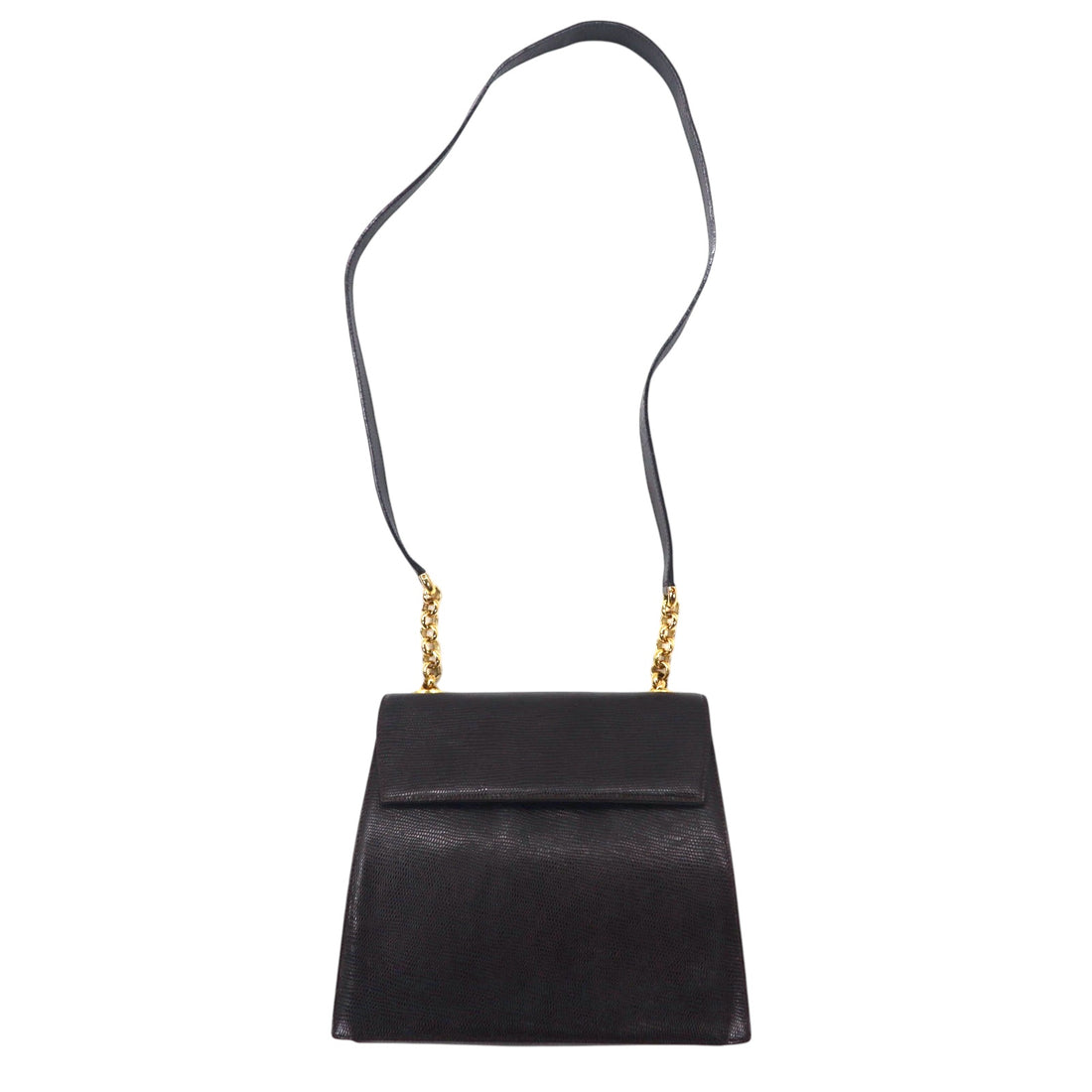 日本然リトテ-古着オンライン-Salvatore Ferragamo リザード型押し 台形 チェーン ショルダーバッグ ブラウン レザー Q 21 4654 イタリア製-Salvatore Ferragamo Lizard Embossed Trapezoid Chain Shoulder Bag Brown Leather Q 21 4654 Italy Made