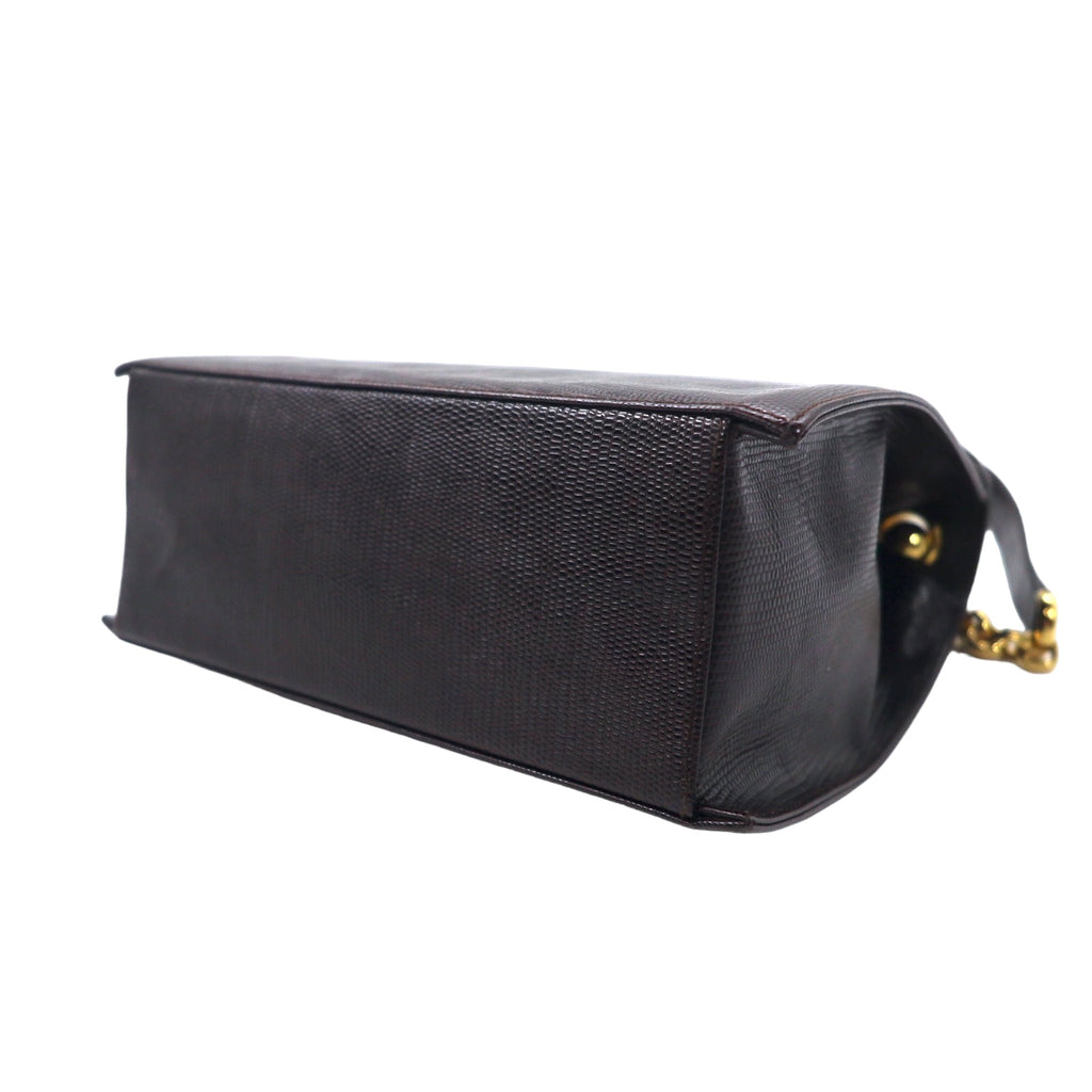 Salvatore Ferragamo Lizard-embossed trapezoid chain shoulder bag in brown leather Q 21 4654 Made in Italy