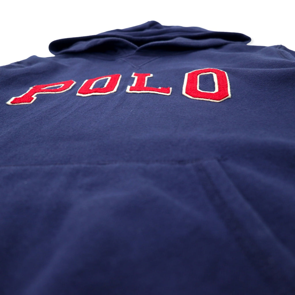 POLO RALPH LAUREN Logo Embroidered Pullover Hoodie L Navy Cotton Fleece Lining
