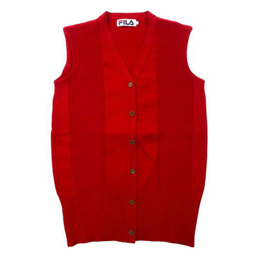 日本然リトテ-古着オンライン-FILA ロング丈 リブニット ベスト 前開き L レッド ウール-FILA Long Length Live Knit VEST Previous L Ded Wool