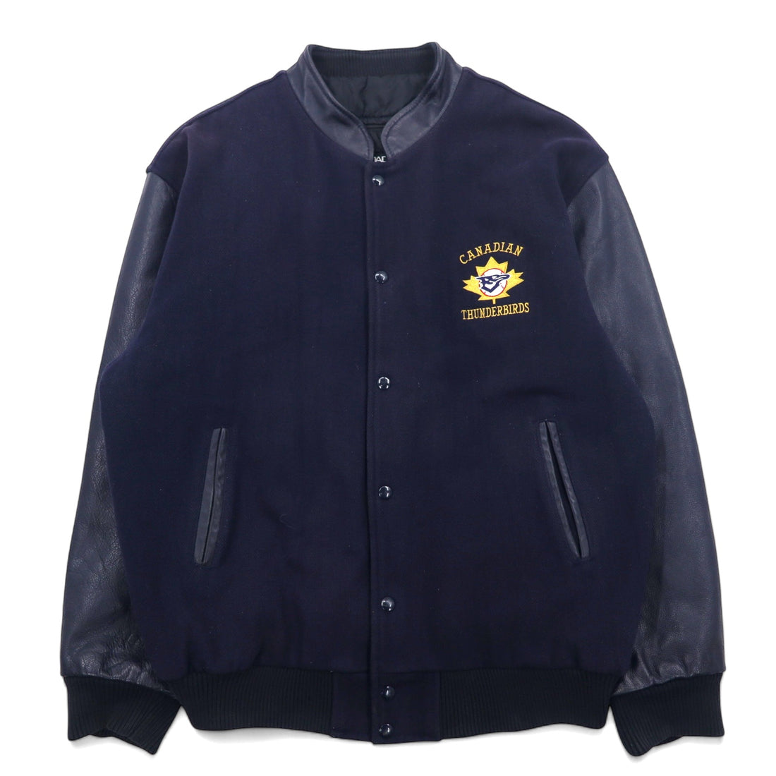 日本然リトテ-古着オンライン-カナダ製 90年代 CANADA SPORTSWEAR 袖レザー スタジャン XL ネイビー レザー ウール CANADIAN THUNDERBIRDS 刺繍-Canada Made 90's CANADA SPORTSWEAR Sleeve Leather Varsity Jacket XL Navy Leather Wool CANADIAN THUNDERBIRDS Embroidery