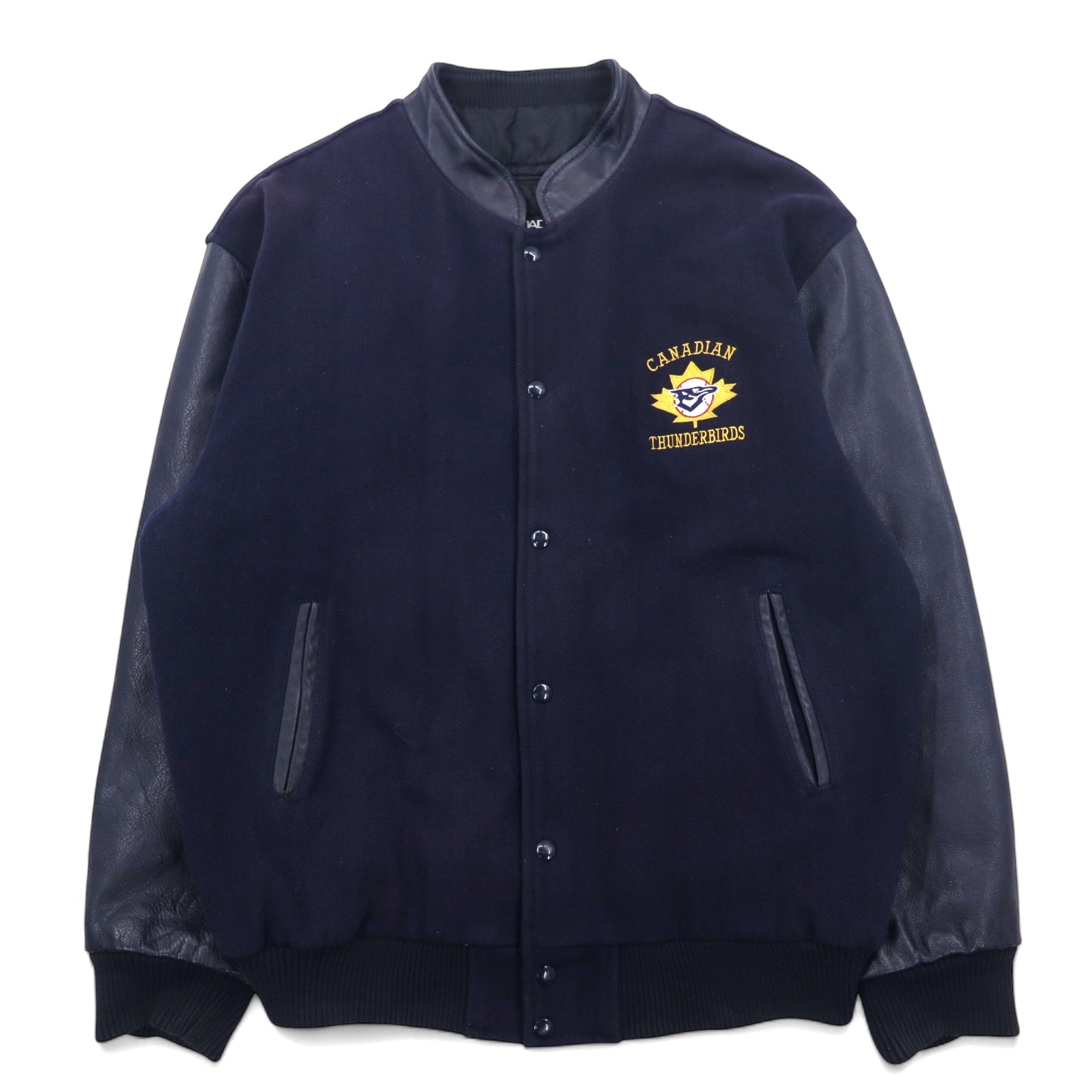 日本然リトテ-古着オンライン-カナダ製 90年代 CANADA SPORTSWEAR 袖レザー スタジャン XL ネイビー レザー ウール CANADIAN THUNDERBIRDS 刺繍-Canada Made 90's CANADA SPORTSWEAR Sleeve Leather Varsity Jacket XL Navy Leather Wool CANADIAN THUNDERBIRDS Embroidery