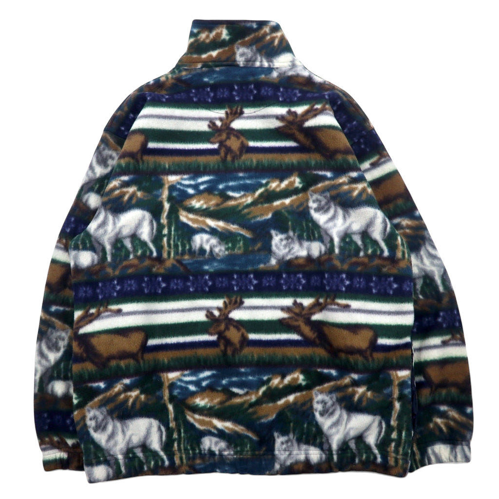 90年代 Daniel David ハーフジップ フリースジャケット XXL グリーン 総柄 アニマル 鹿 オオカミ MOUNTAIN FLEECE