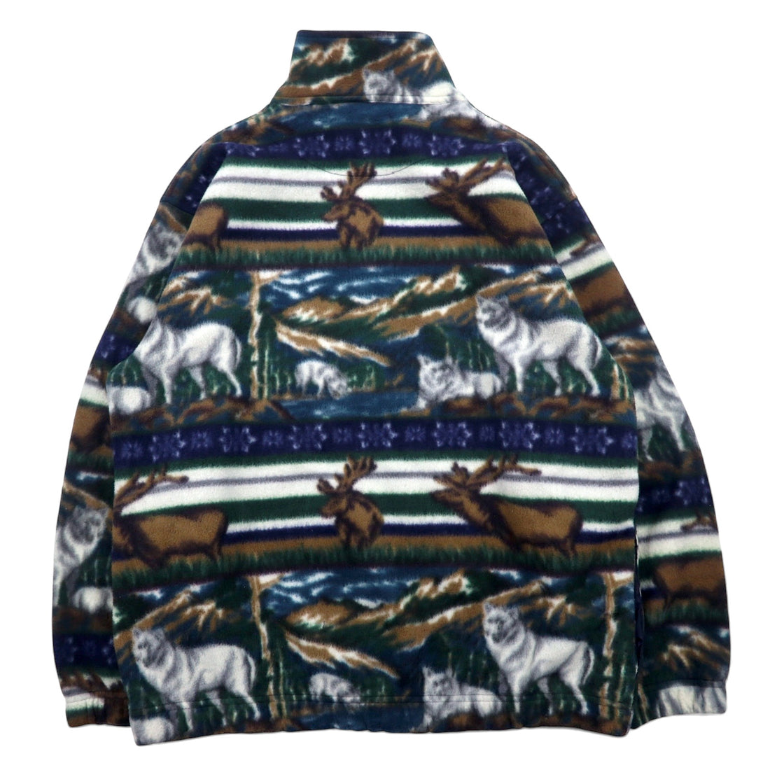 90年代 Daniel David ハーフジップ フリースジャケット XXL グリーン 総柄 アニマル 鹿 オオカミ MOUNTAIN FLEECE