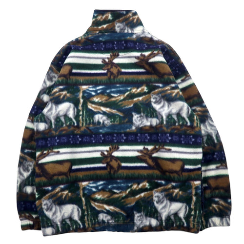 90年代 Daniel David ハーフジップ フリースジャケット XXL グリーン 総柄 アニマル 鹿 オオカミ MOUNTAIN FLEECE