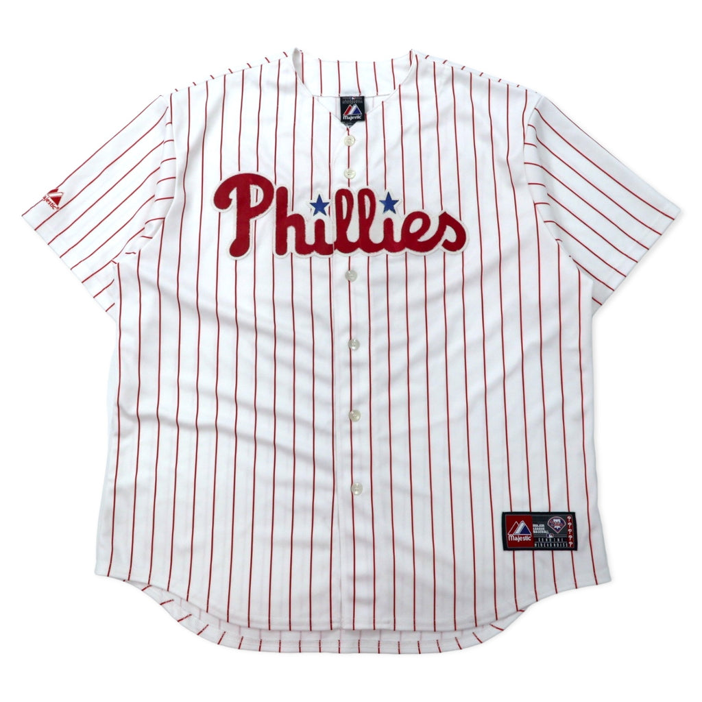 日本然リトテ-古着オンライン-majestic ベースボールシャツ XL ホワイト ストライプ ポリエステル MLB Phillies ナンバリング ビッグサイズ-majestic Baseball Shirt XL White Striped Polyester MLB Phillies Numbering Big Size