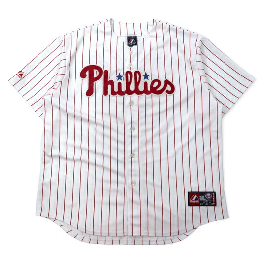 majestic ベースボールシャツ XL ホワイト ストライプ ポリエステル MLB Phillies ナンバリング ビッグサイズ