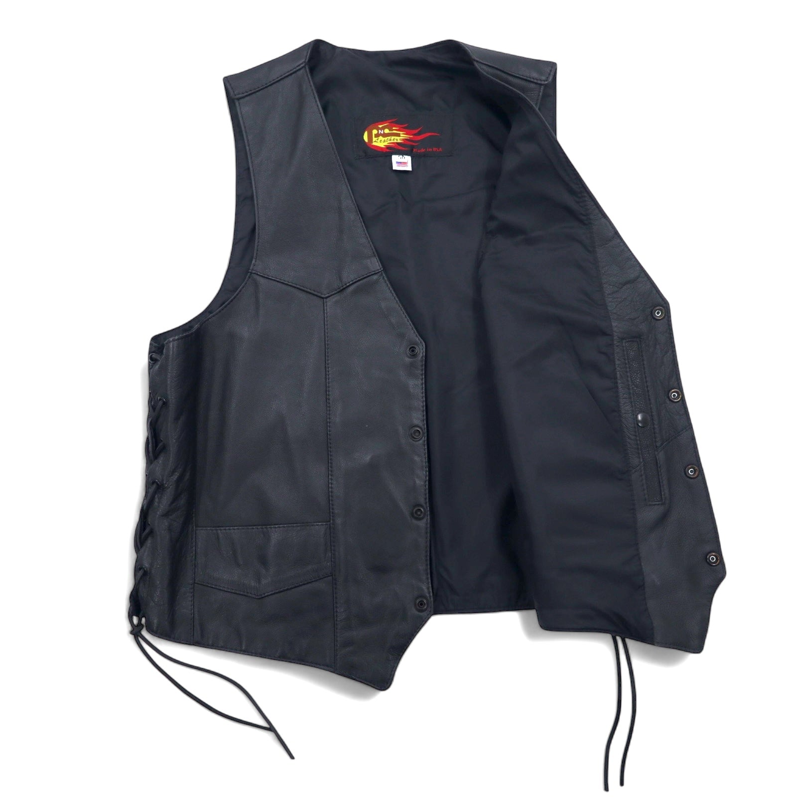 Made in USA 90s PNC LEATHER Leather Vest Biker Vest L Black Leather