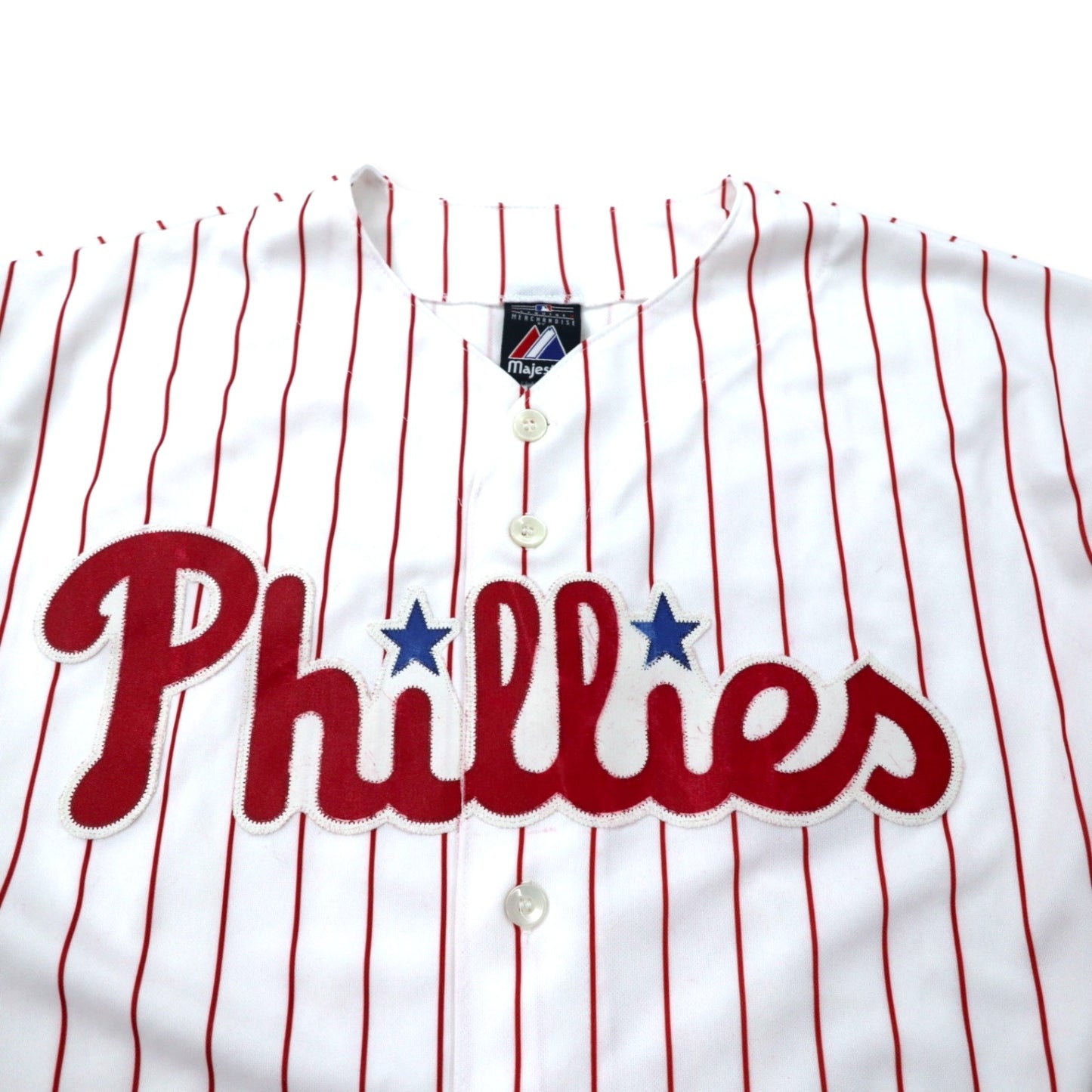 majestic ベースボールシャツ XL ホワイト ストライプ ポリエステル MLB Phillies ナンバリング ビッグサイズ