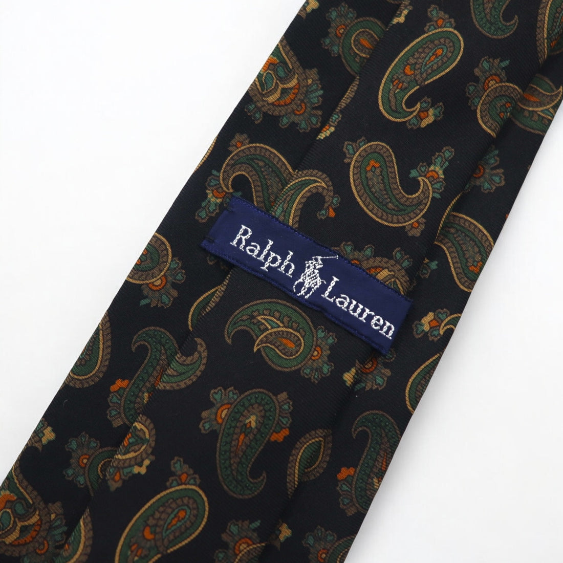 Ralph Lauren tie in black, green, silk, all-over paisley pattern