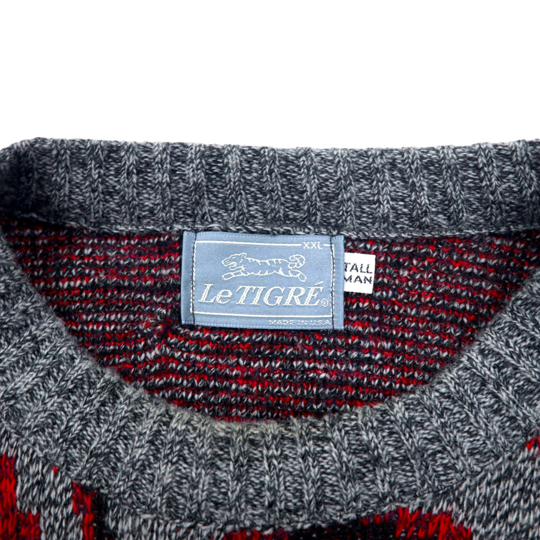 Made in USA 90s Le TIGRE all-over print acrylic knit sweater XXL grey red