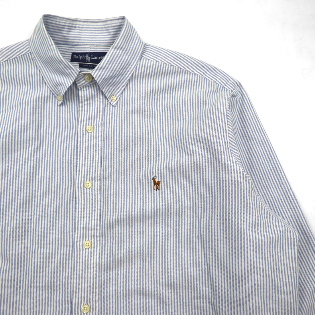 Ralph Lauren 90s Oxford Button-Down Shirt, XL, Blue with White Stripes and Small Pony Embroidery