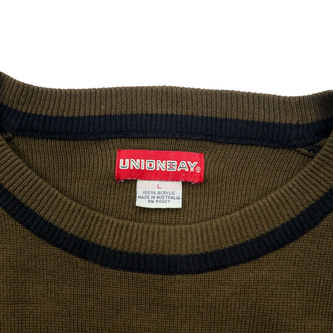 オーストラリア製 90年代 UNIONBAY アクリルニット セーター L カーキ ワンポイントロゴ 刺繍