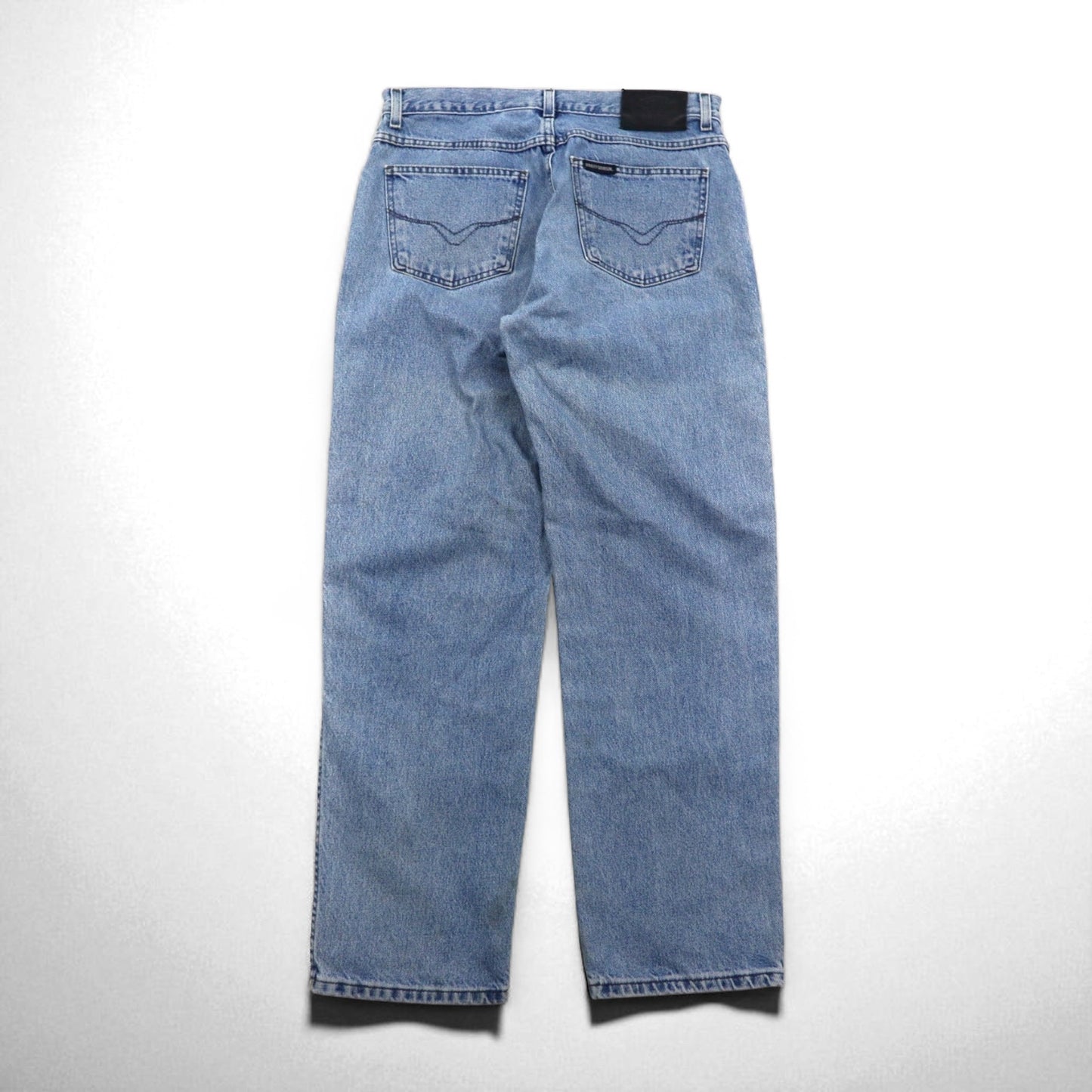 HARLEY DAVIDSON リラックスフィット テーパード デニムパンツ L インディゴ ジッパーフライ レザーパッチ メキシコ製