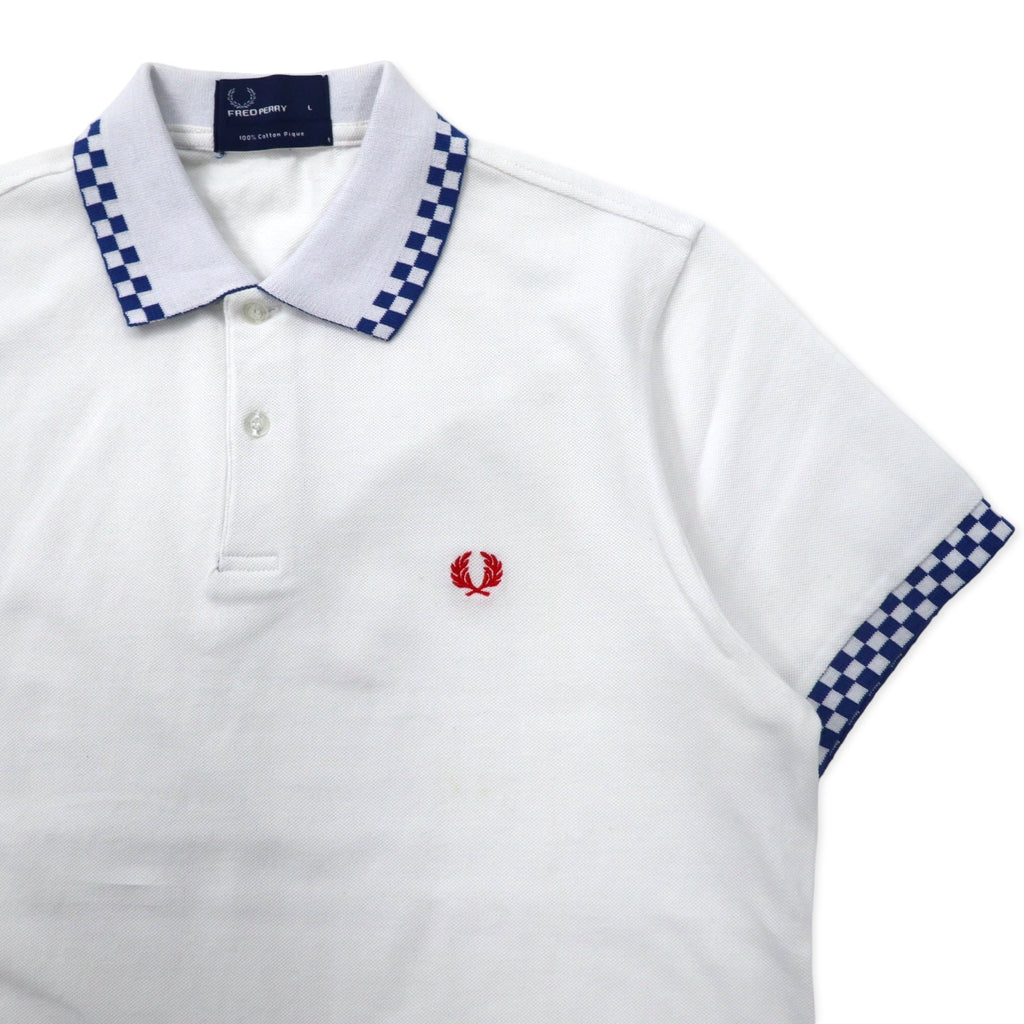 FRED PERRY Cotton Pique Polo Shirt L White Flag Check Cotton One Point Logo M4242