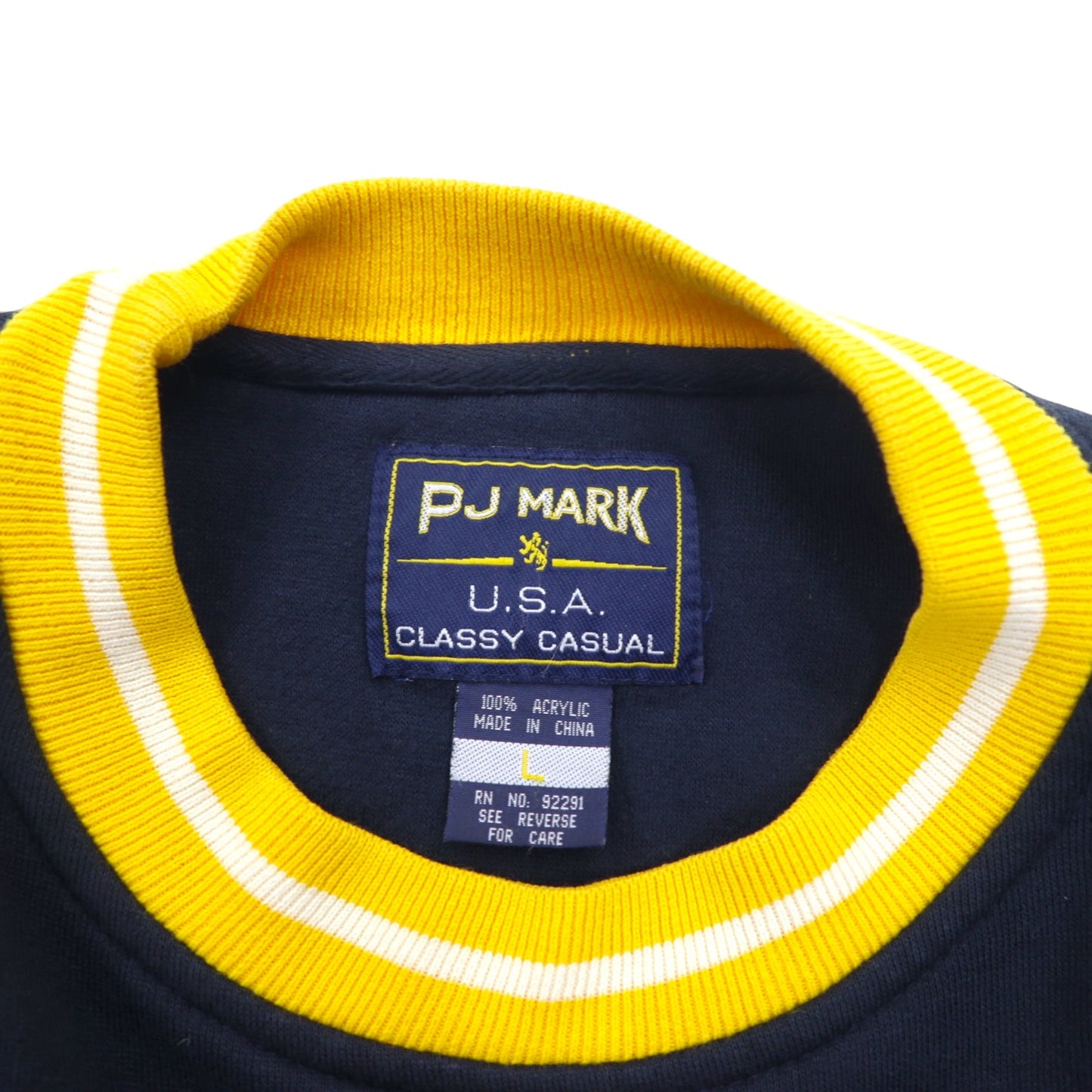 90年代 PJ MARK リブライン スウェット L ネイビー イエロー アクリル カレッジ MICHIGAN ミシガン