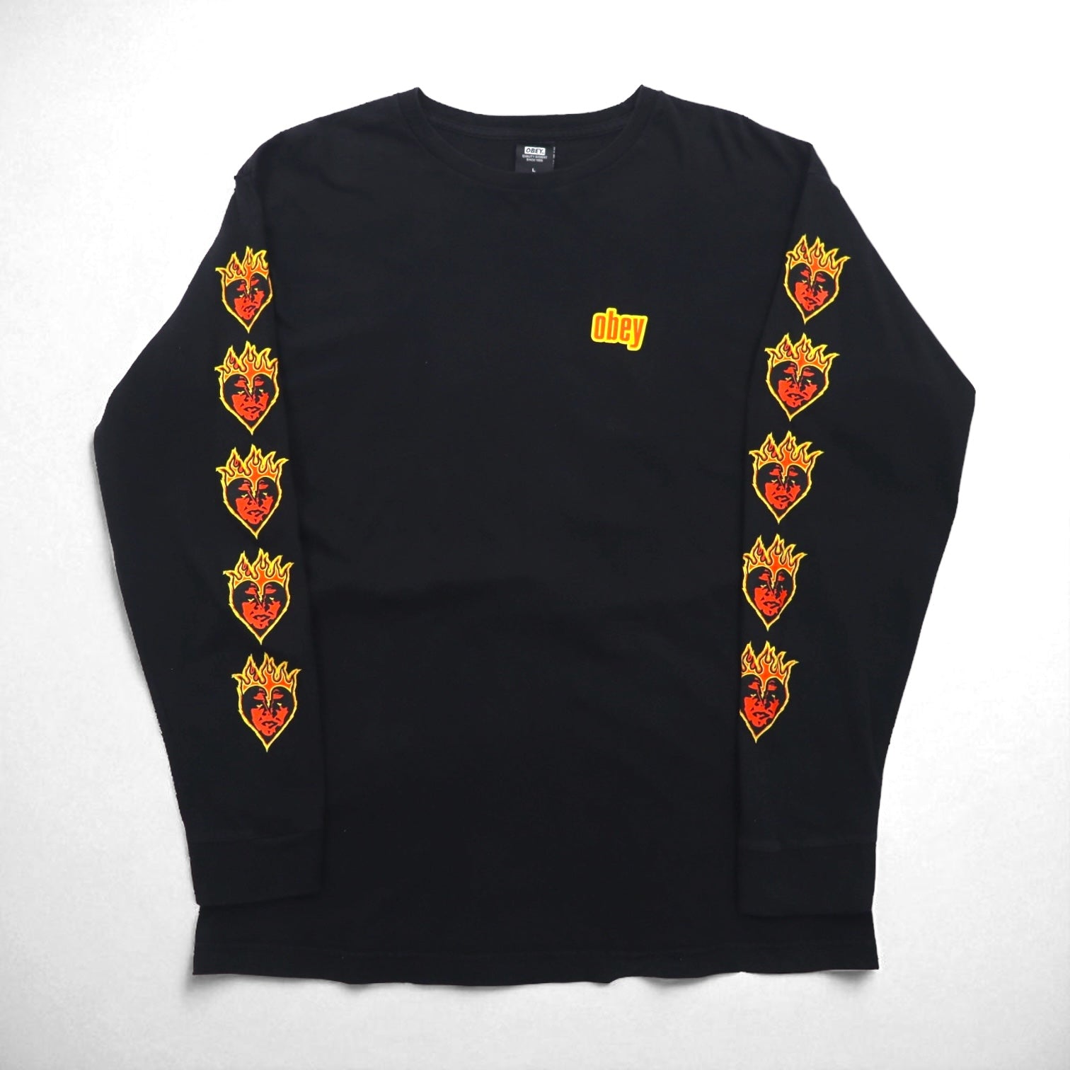 OBEY Fire Pattern Long Sleeve T-Shirt, Size L, Black, Sleeve Print, Mexico Game