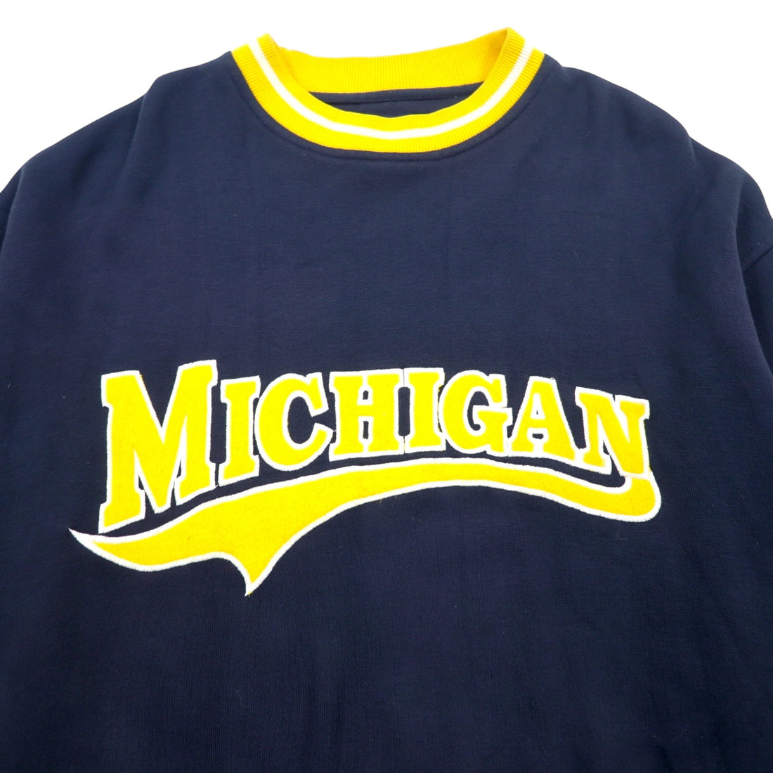 90s PJ MARK RIBBINE SWEATSHIRT L NAVY YELLOW ACRYLIC COLLEGE MICHIGAN
