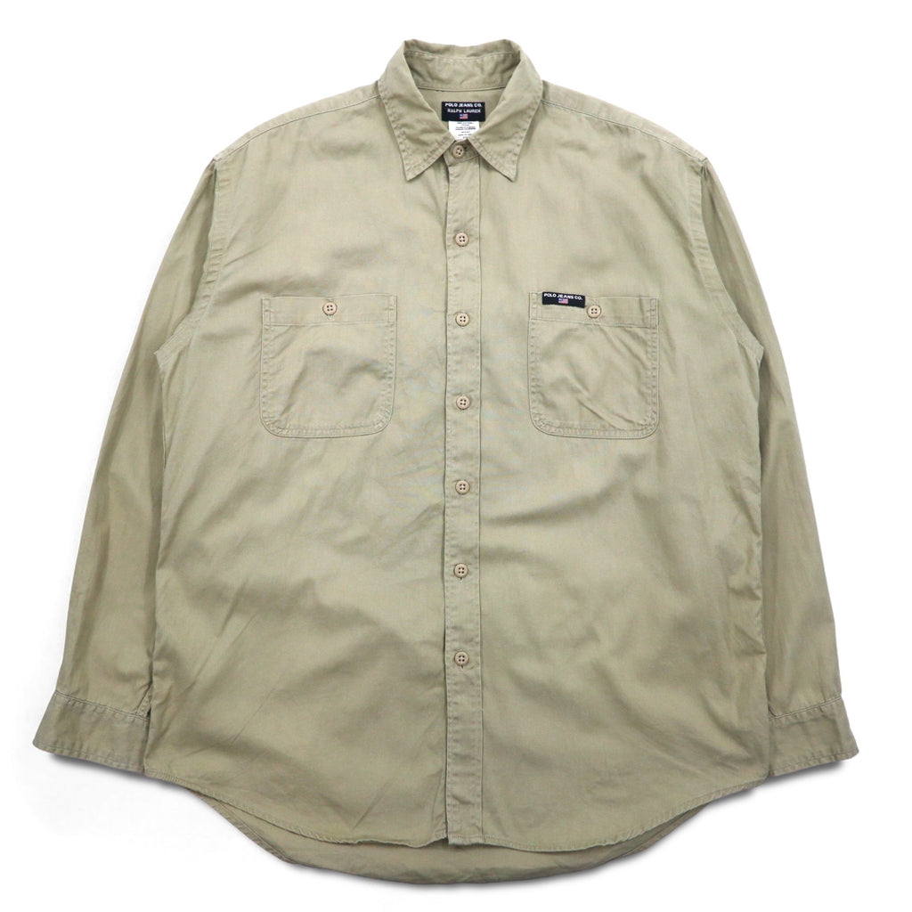POLO JEANS CO. RALPH LAUREN 90s Signature Twill Work Shirt, L, Beige, Chest Pocket