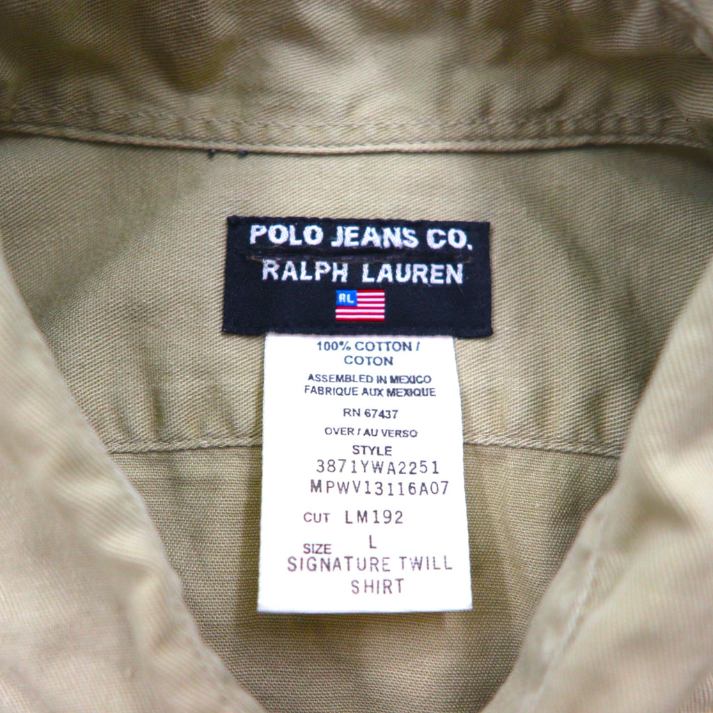 POLO JEANS CO. RALPH LAUREN 90s Signature Twill Work Shirt, L, Beige, Chest Pocket