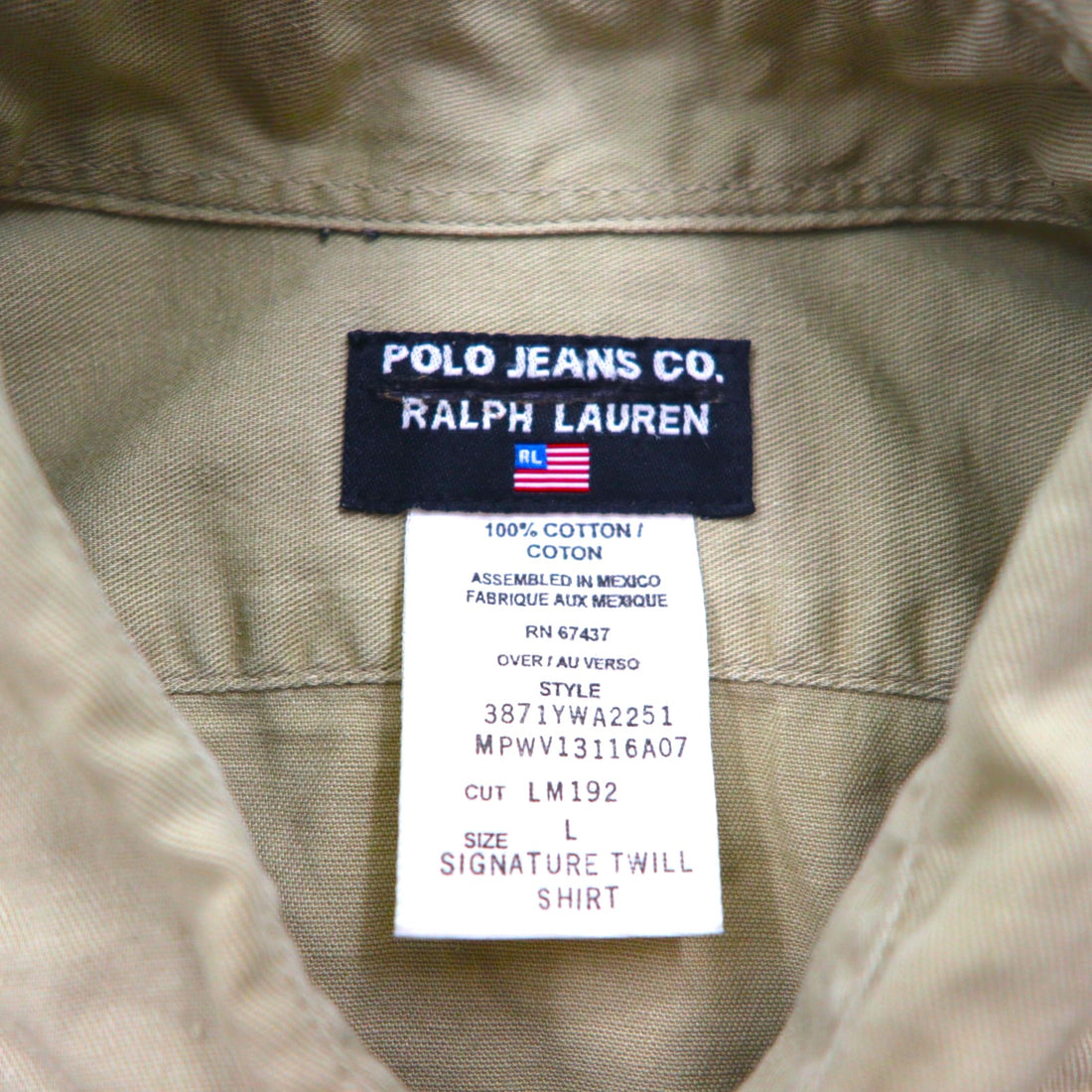 POLO JEANS CO. RALPH LAUREN 90s Signature Twill Work Shirt, L, Beige, Chest Pocket