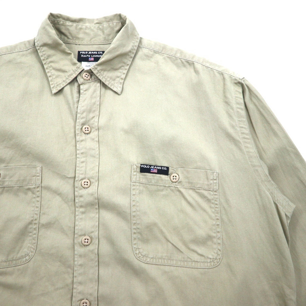 POLO JEANS CO. RALPH LAUREN 90s Signature Twill Work Shirt, L, Beige, Chest Pocket