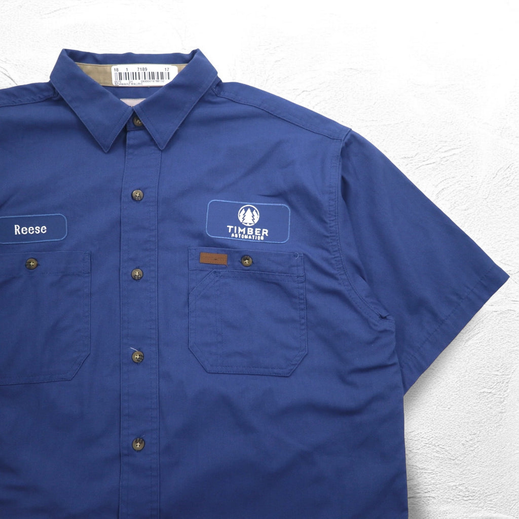 carhartt 半袖 ワークシャツ L ネイビー コットン 胸ポケット アメリカ企業 刺繍 TIMBER 384-19 メキシコ製