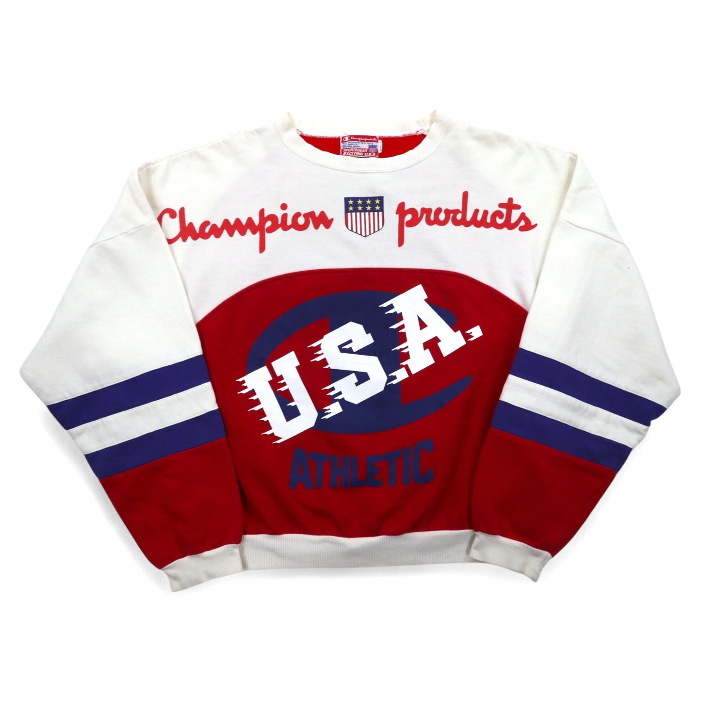 Champion products 90年代 ドロップショルダー スウェット L ホワイト レッド ビッグロゴ 両面プリント