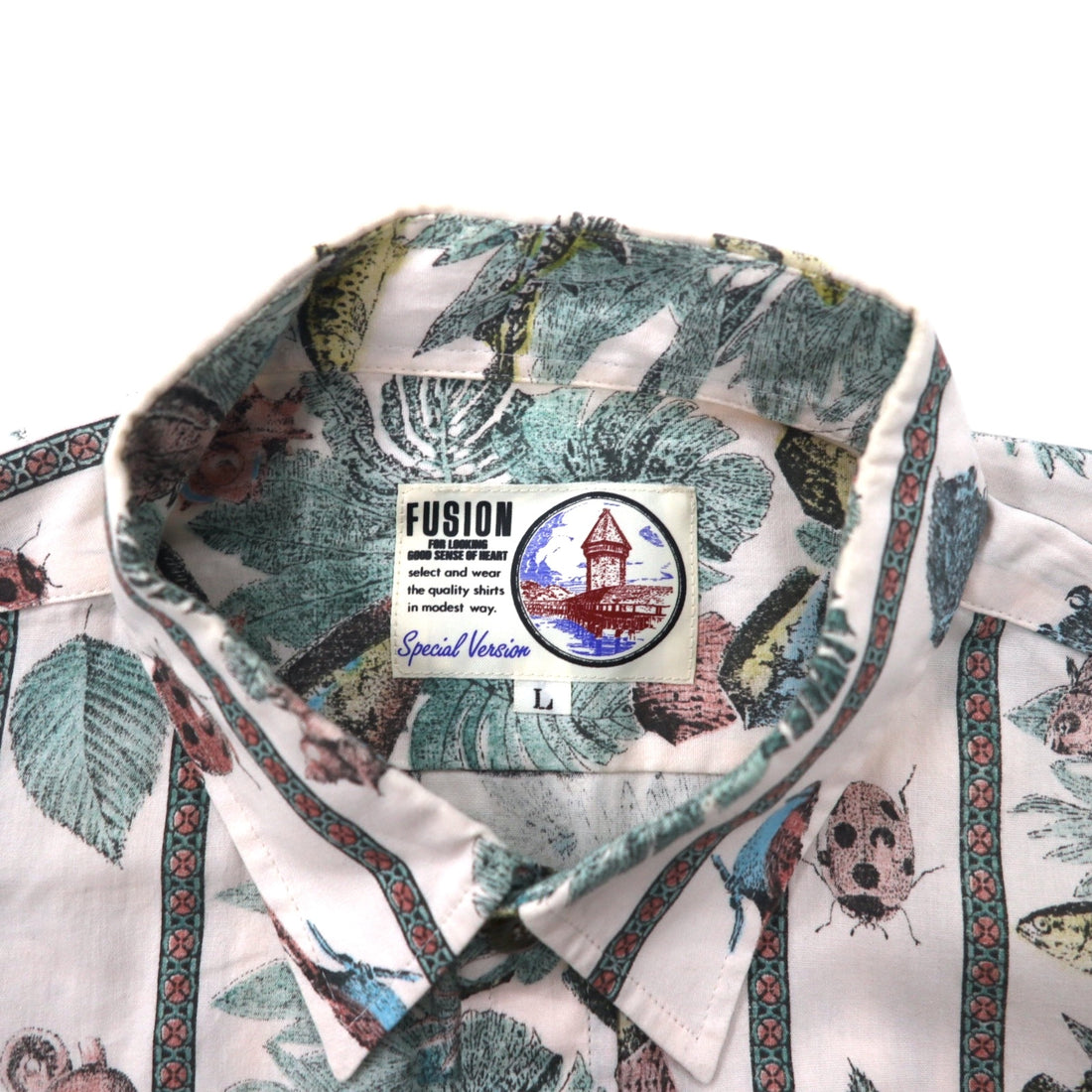 FUSION All-over print dress shirt L size White stripes Cotton Fish insects botanical Made in Japan