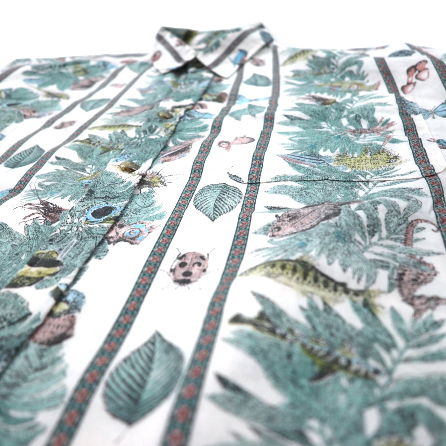 FUSION 総柄 ドレスシャツ L ホワイト ストライプ コットン 魚 虫 ボタニカル 日本製