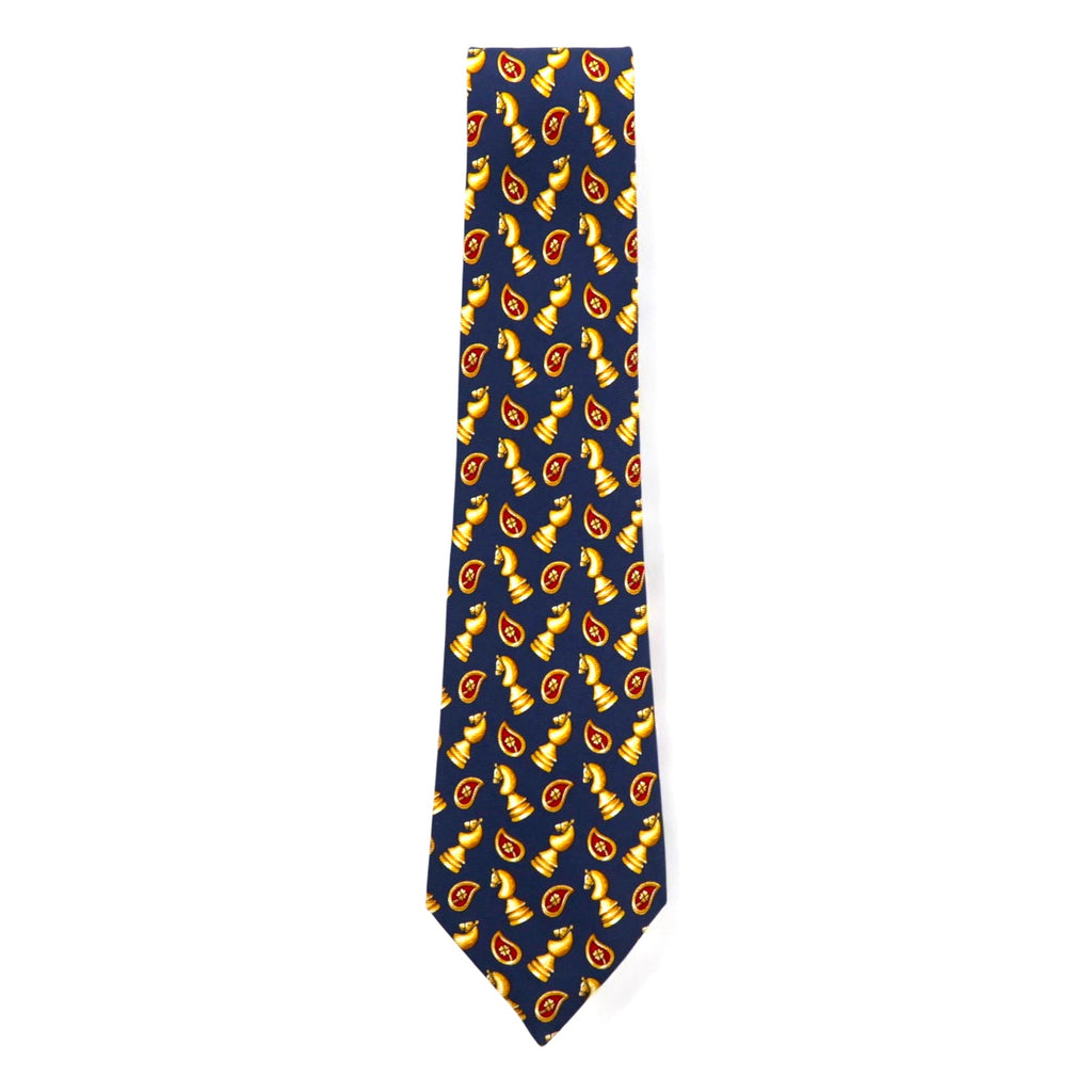 CELINE Made in Spain Tie Navy Silk All-over Chess Pattern