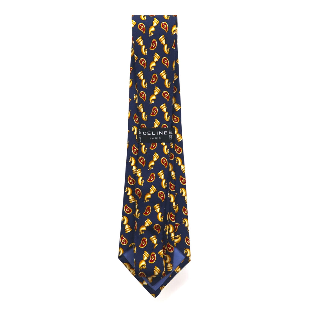 CELINE Made in Spain Tie Navy Silk All-over Chess Pattern