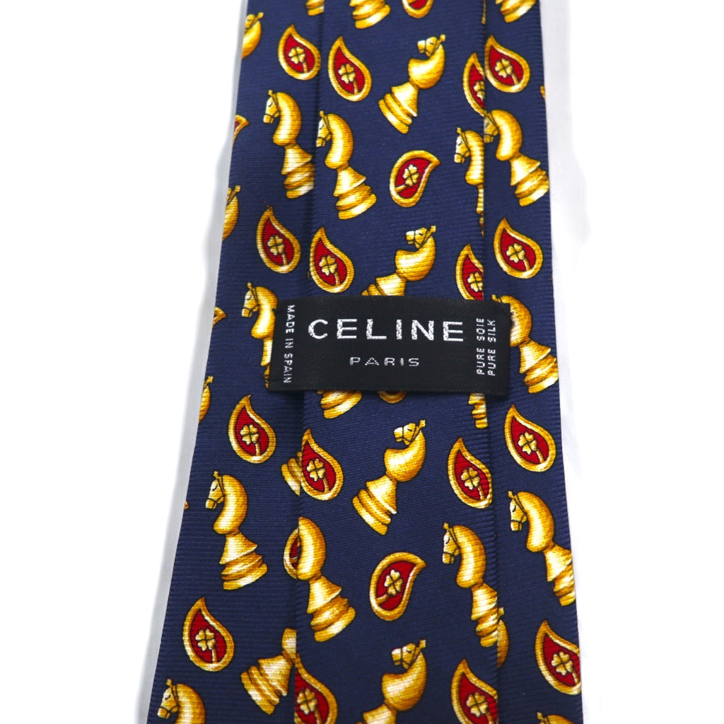 CELINE Made in Spain Tie Navy Silk All-over Chess Pattern