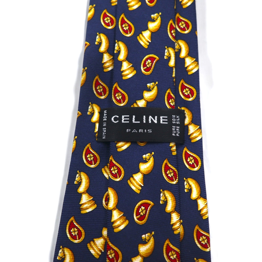 CELINE Made in Spain Tie Navy Silk All-over Chess Pattern