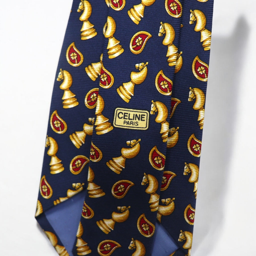 CELINE Made in Spain Tie Navy Silk All-over Chess Pattern