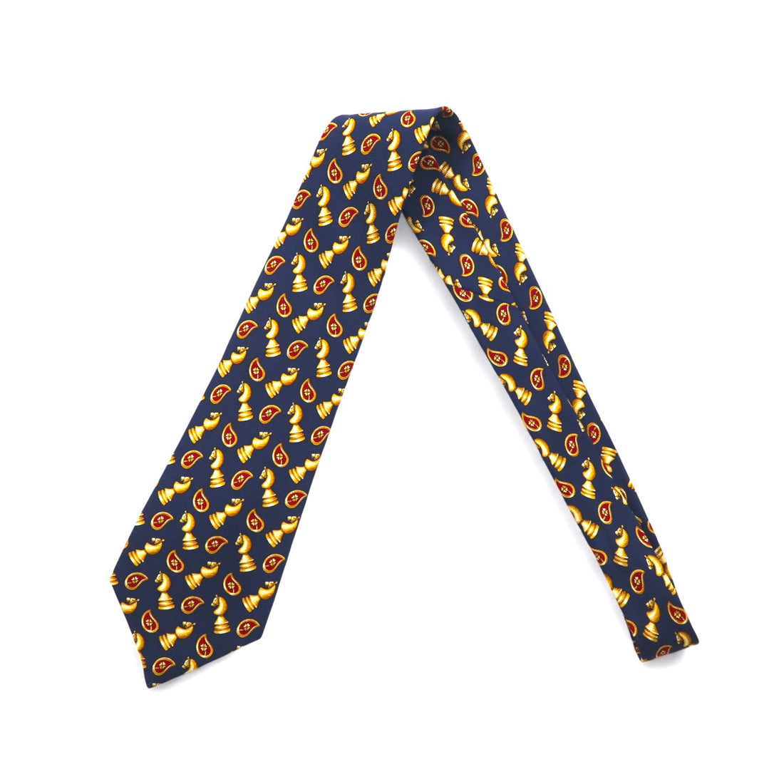 CELINE Made in Spain Tie Navy Silk All-over Chess Pattern