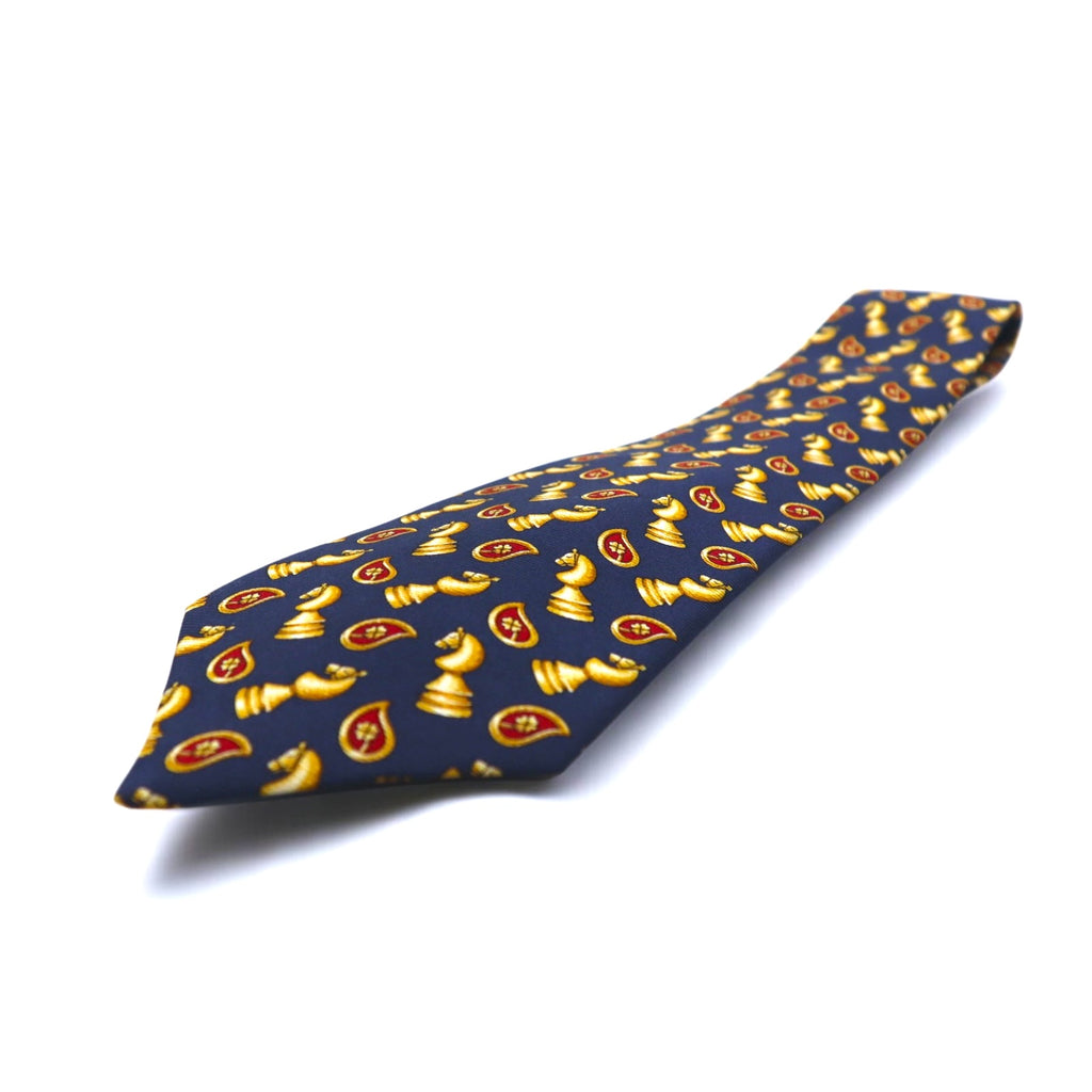 CELINE Made in Spain Tie Navy Silk All-over Chess Pattern