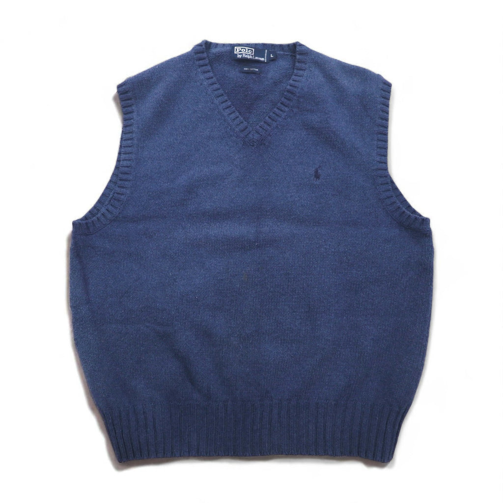 Polo by Ralph Lauren 90年代 Vネック コットンニット ベスト L ネイビー スモールポニー刺繍