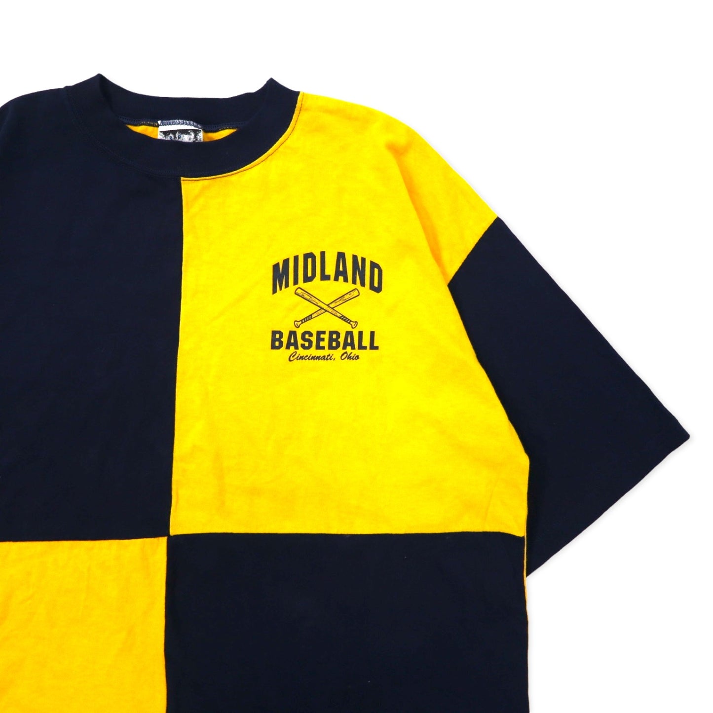 USA製 90年代 WOLF ベースボール プリント Tシャツ XL イエロー ネイビー コットン MIDLAND BASEBALL ビッグサイズ