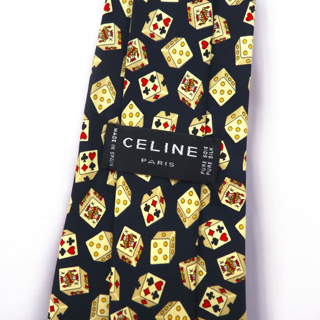 CELINE スペイン製 ネクタイ ネイビー シルク 総柄 トランプ サイコロ