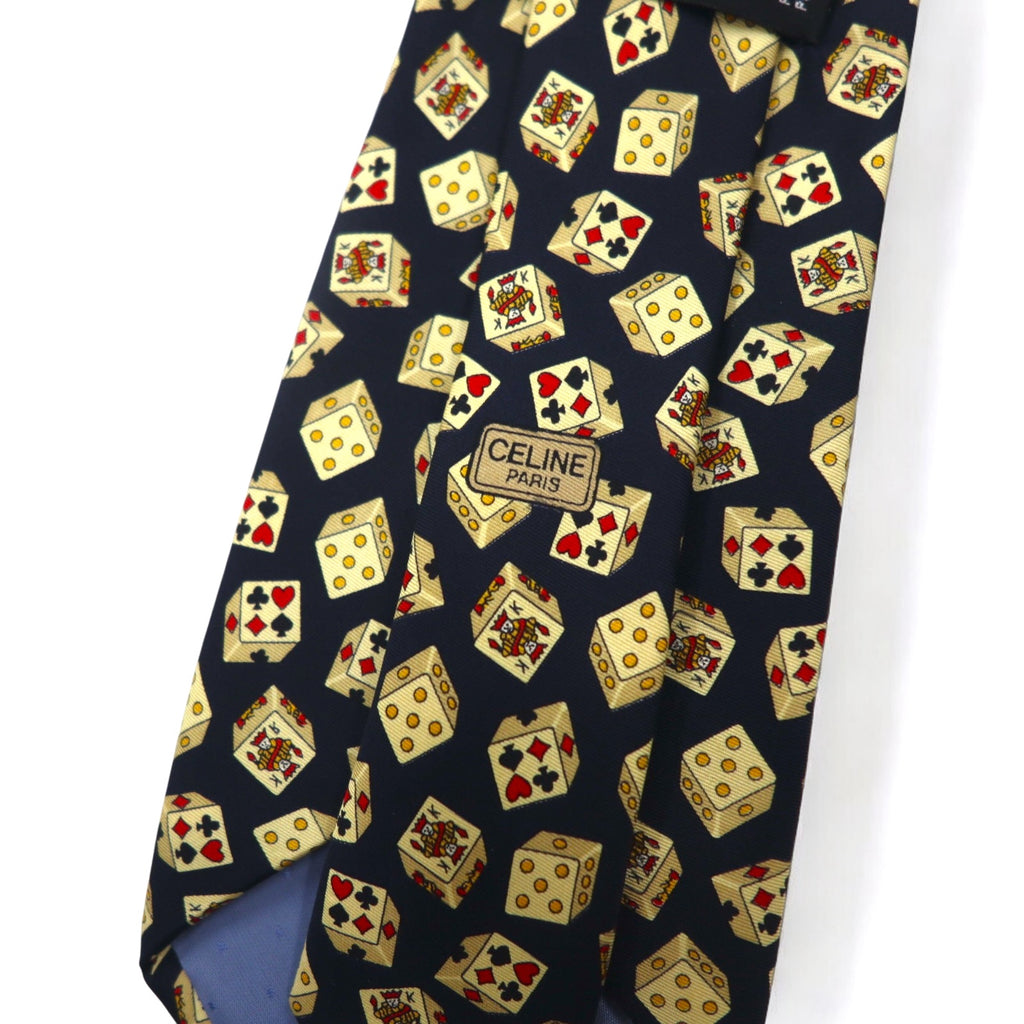 CELINE スペイン製 ネクタイ ネイビー シルク 総柄 トランプ サイコロ