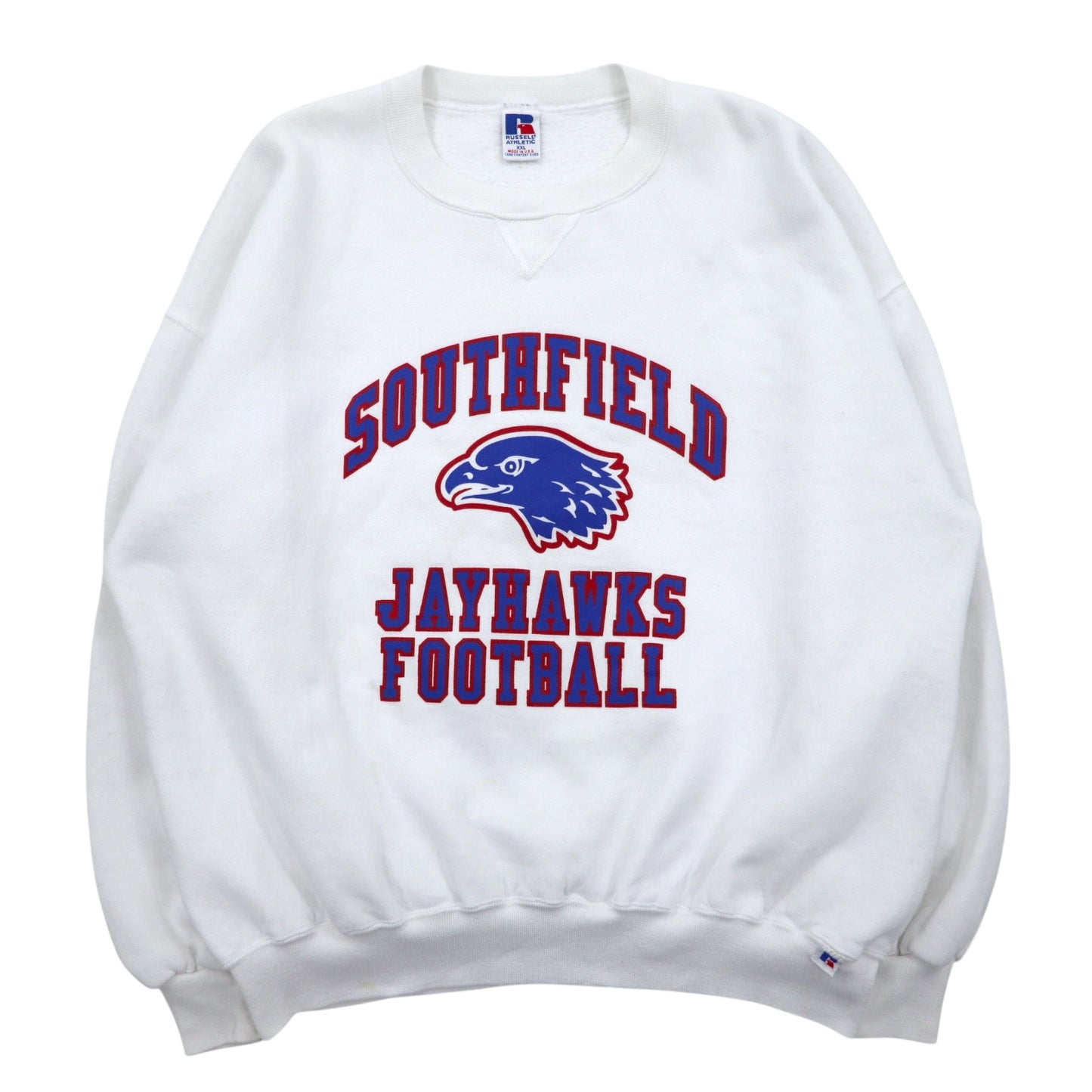 USA製 90年代 RUSSELL ATHLETIC フットボール プリント スウェット XXL ホワイト コットン 裏起毛 アーチロゴ SOUTHFIELD JAYHAWKS FOOTBALL