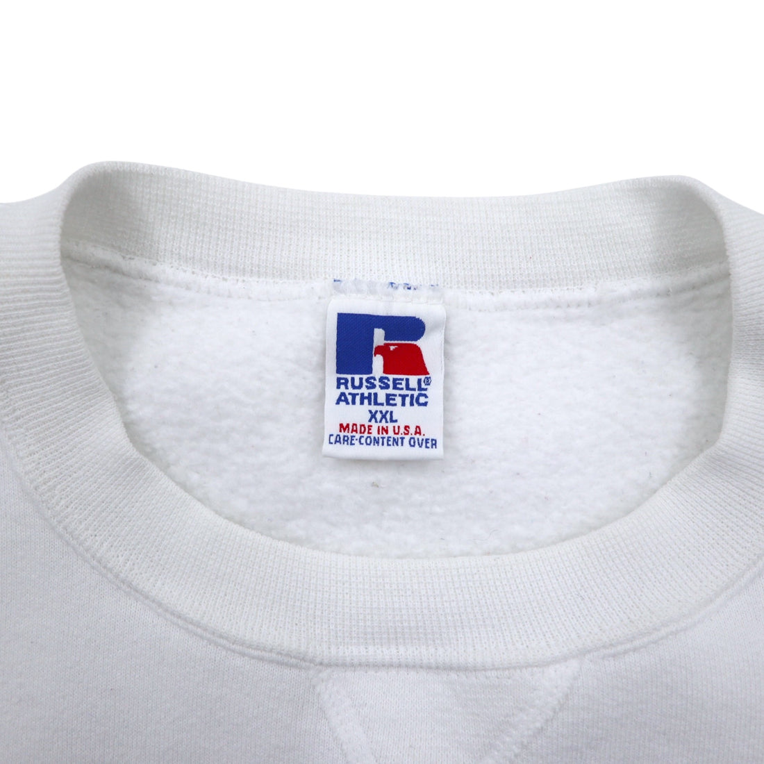Made in USA 90s RUSSELL ATHLETIC Football Print Sweatshirt XXL White Cotton Fleece Lining Arch Logo SOUTHFIELD JAYHAWKS FOOTBALL